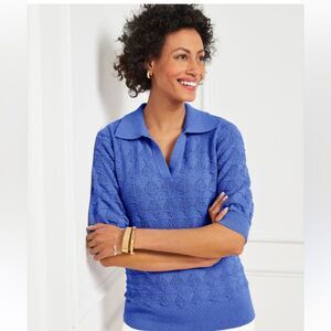 Talbots Johnny Collared Vibrant Blue Knit Blouse size Medium